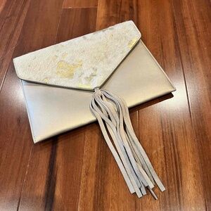 Street Level Gold Beige Metallic Purse Foldover Clutch Tassel Fringe Size Small